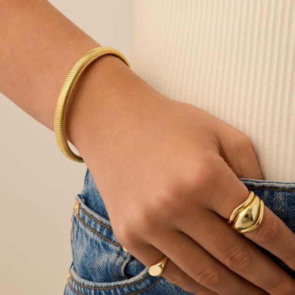 Stainless Steel 14K Gold Plated Waterproof Flexible Stretch Chunky Bangle for Wo - Picture 2 of 6